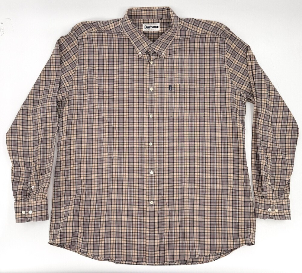 Barbour Shirt Mens Beige Gray Red Plaid Tailored Fit Malcolm Pocket Designer